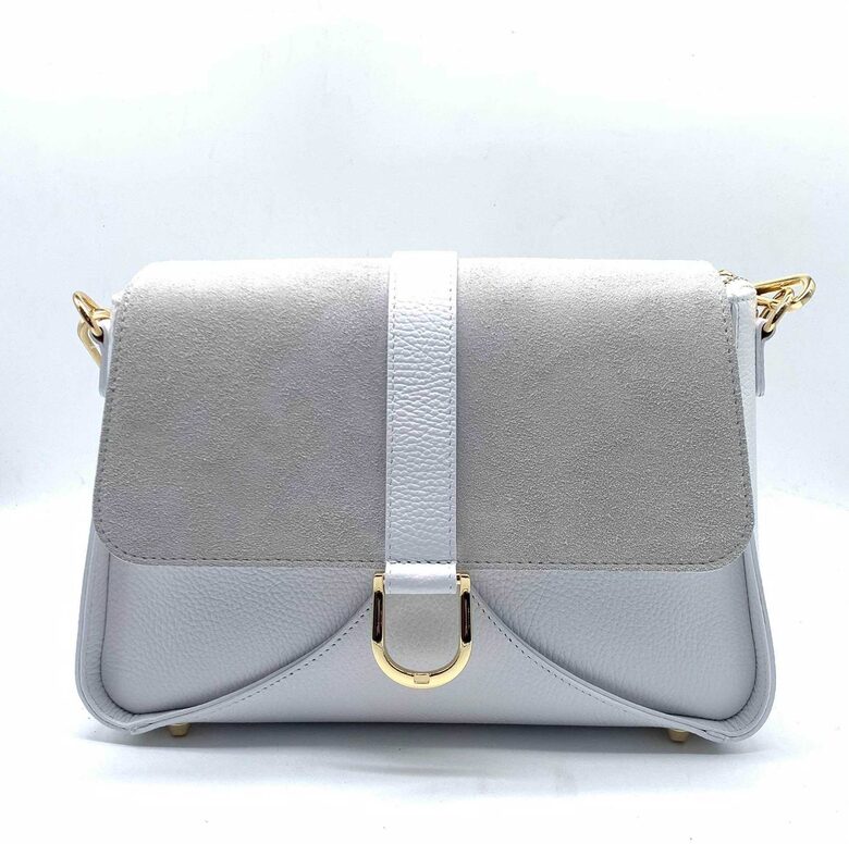 Ādas/zamšādas soma, piena balta, ražots Itālijā